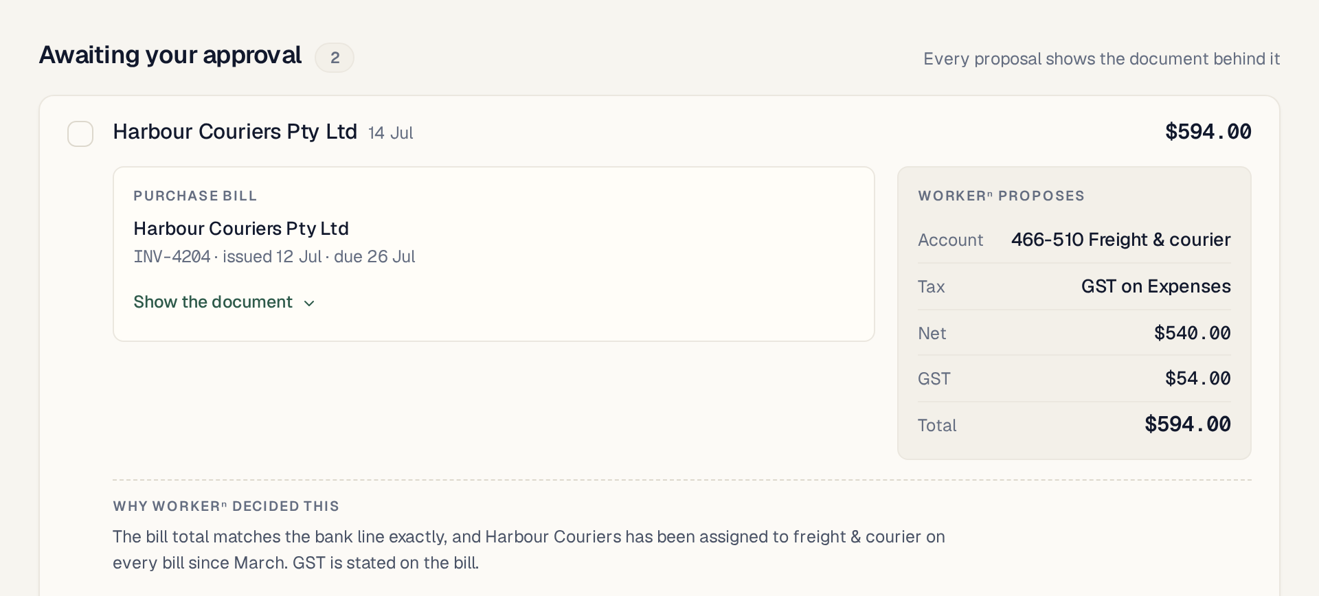 The Workerⁿ review screen. A $594.00 payment to Harbour Couriers Pty Ltd is matched to purchase bill INV-4204. Workerⁿ proposes account 466-510 Freight and courier with GST on Expenses, and explains that the bill matches the bank line exactly and this supplier has been coded to freight and courier since March.